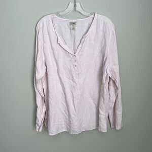 L.L Bean Size XL Blush Pink Button Henley Long Sleeve 100% Linen Shirt